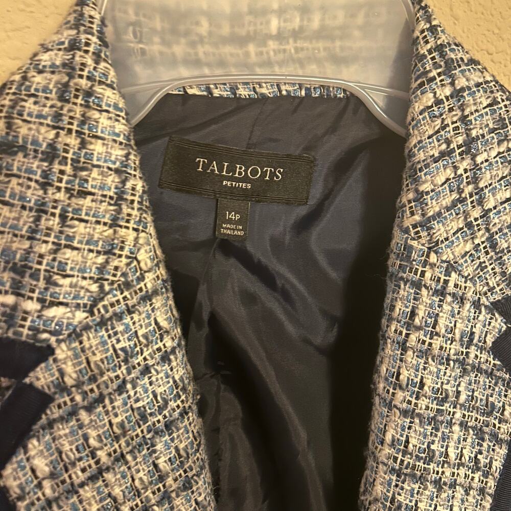 Talbots Blue White Tweed Blazer Jacket Petite 14P Navy Trim Lined Classic Career